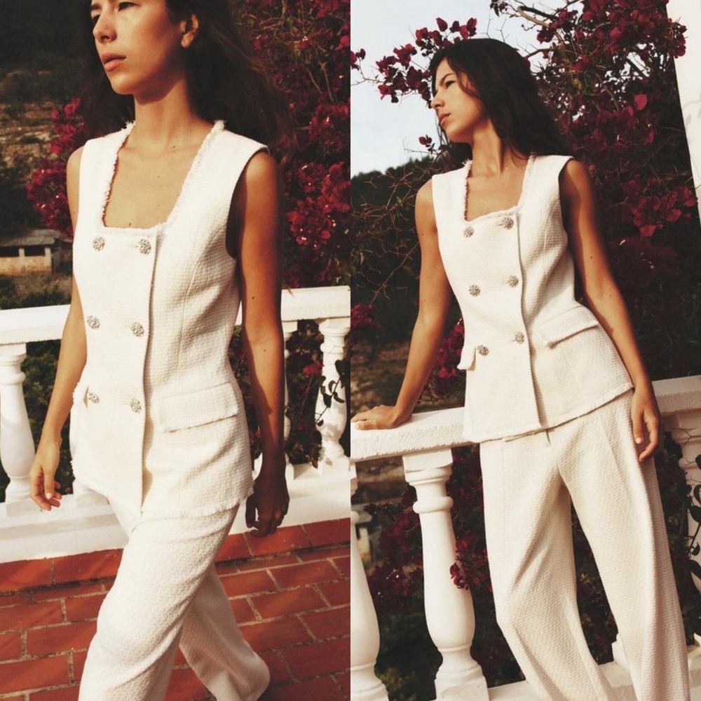 Zara TEXTURED METALLIC THREAD VEST Squareneck in Ecru Size Small